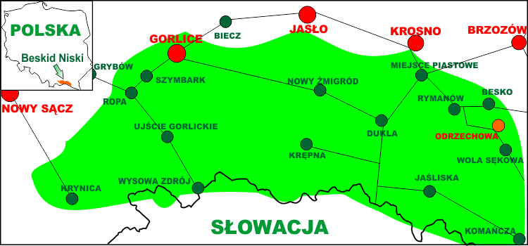 Схематична карта, яка показує розташування Низького Бескиду на території Польщі, а також села Оджехова в Низькому Бескиді